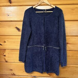 Ravel Women's Sz Large Fuzzy Cardigan Sweater ~Long Sleeve Zip Off Bottom - Blue